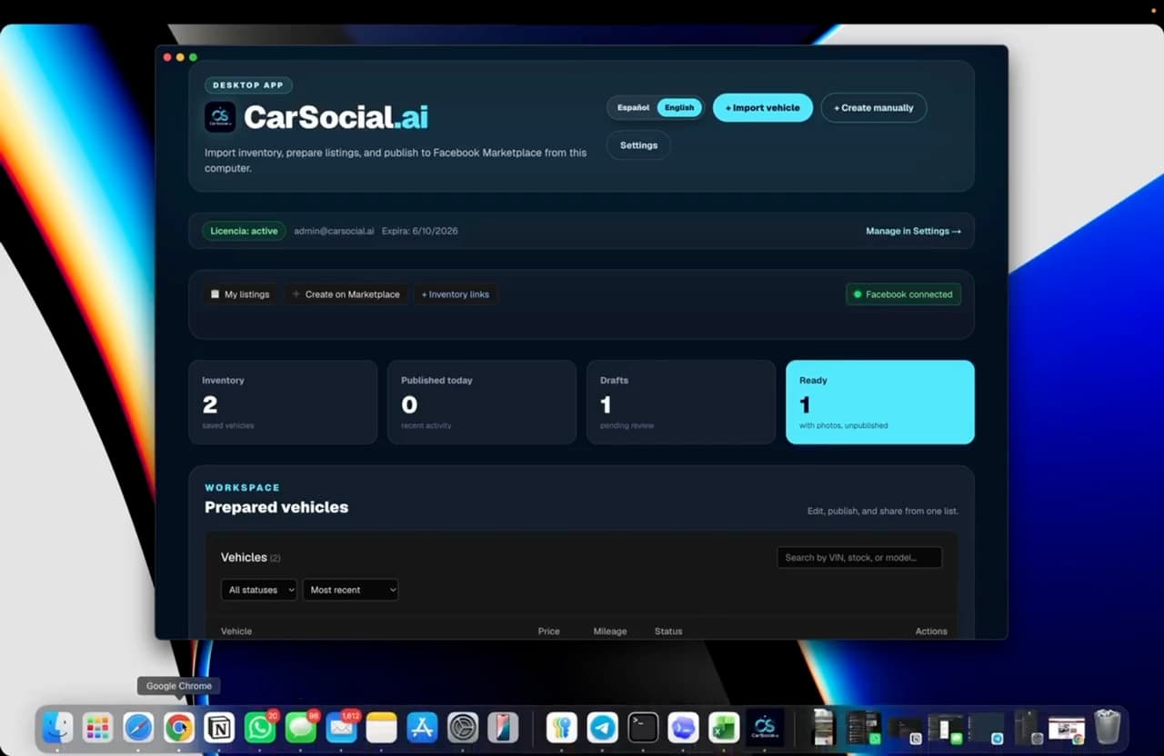 CarSocial.ai desktop app connected to Facebook