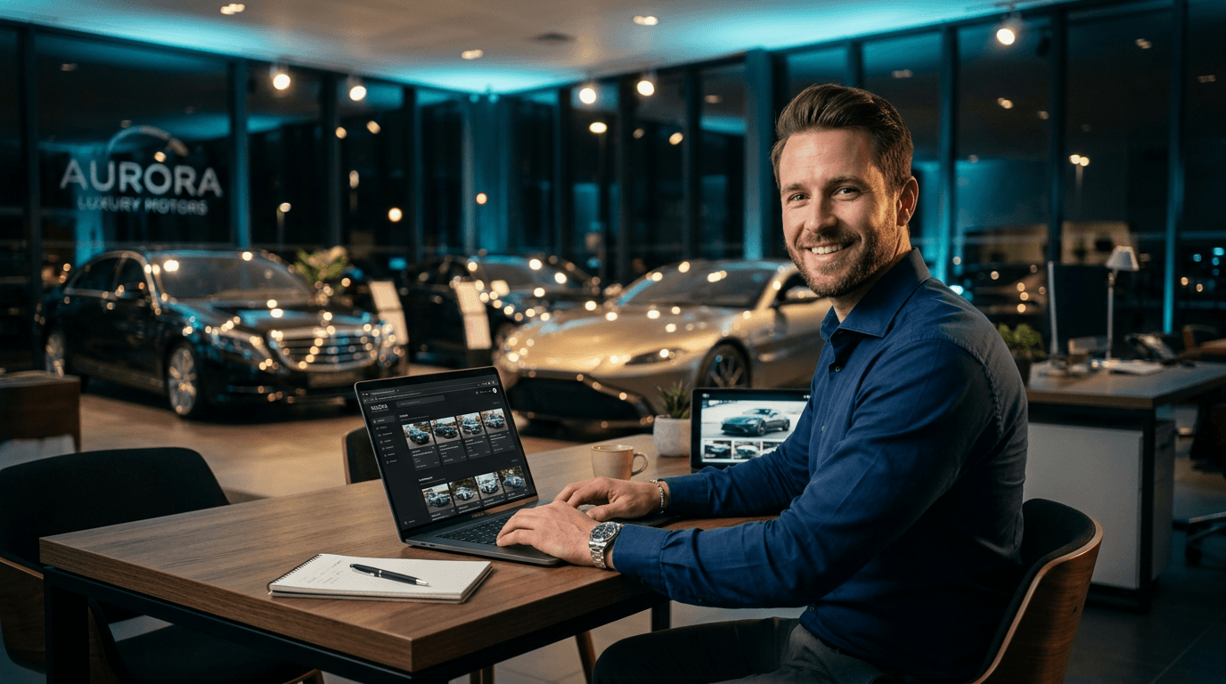 Car salesperson using CarSocial.ai inside a dealership