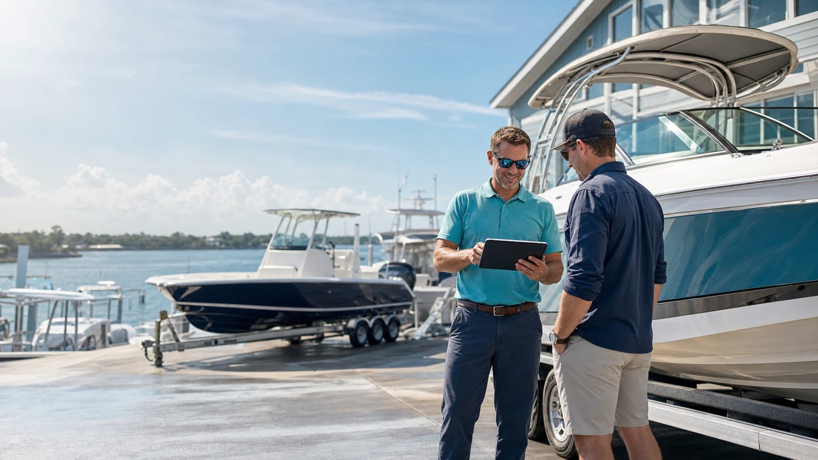 Boat dealer reviewing marine inventory beside boats at a marina