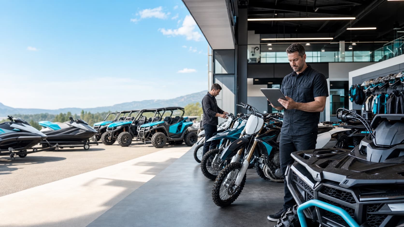 Powersports dealer managing motorcycle and ATV inventory on a tablet