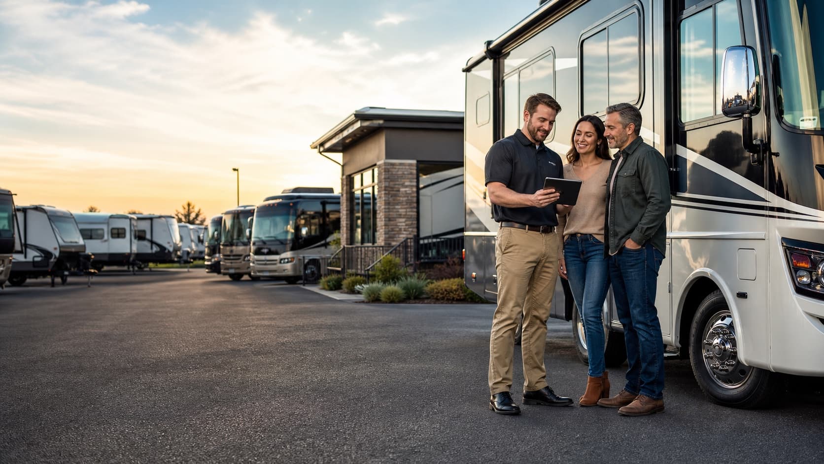 RV dealer reviewing inventory with customers beside a motorhome